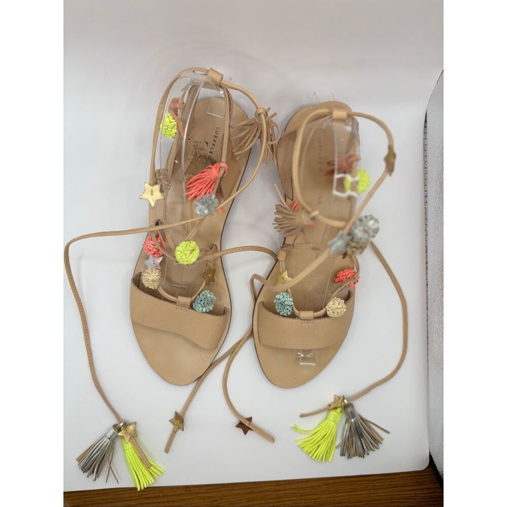 Loeffler Randall Saskia Whimsical Lace-Up Sandal Size 9 Tan Stars Poms Tassels
